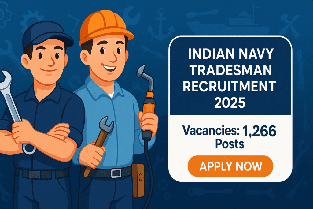 Indian Navy Tradesman Recruitment 2025 cartoon banner with 1,266 vacancies and Apply Now button