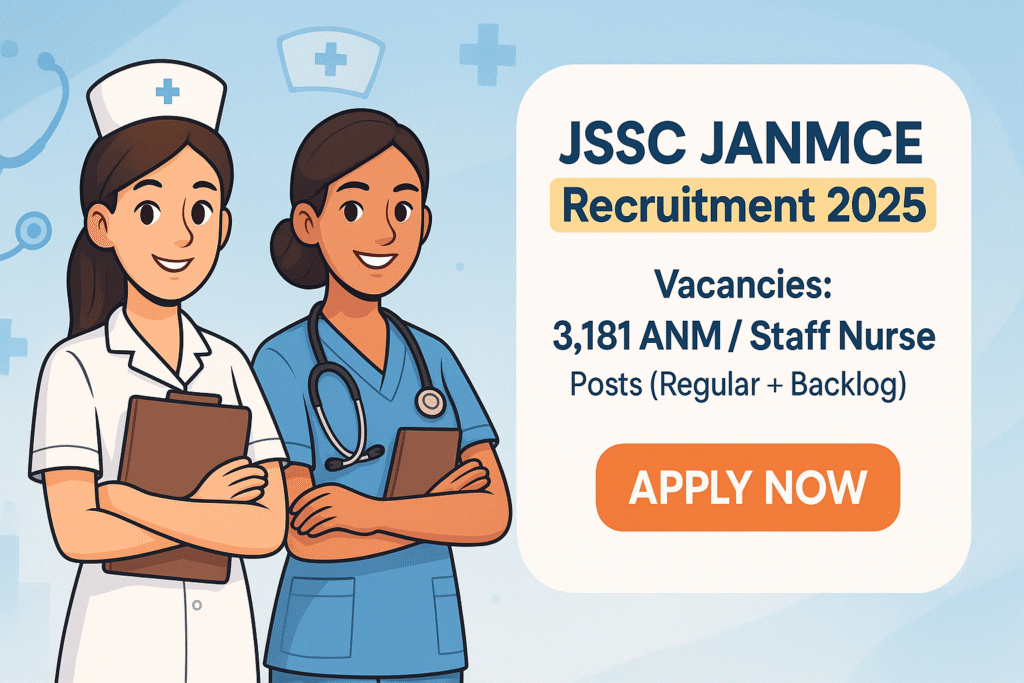 Cartoon-style banner for JSSC JANMCE Recruitment 2025 showing ANM and Staff Nurse with job details