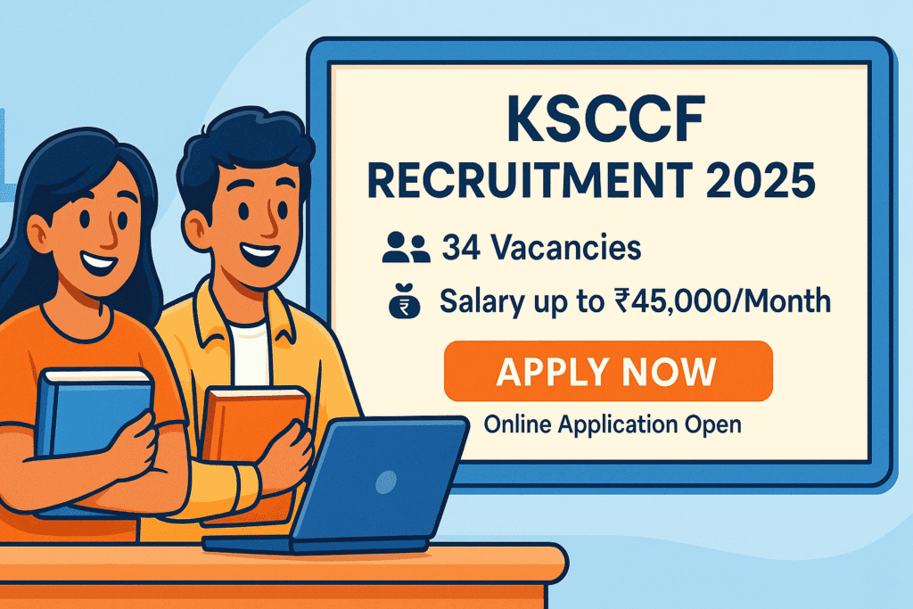 Cartoon style banner for KSCCF Recruitment 2025 showing two aspirants with books and laptop, highlighting 34 vacancies and salary up to ₹45,000/month
