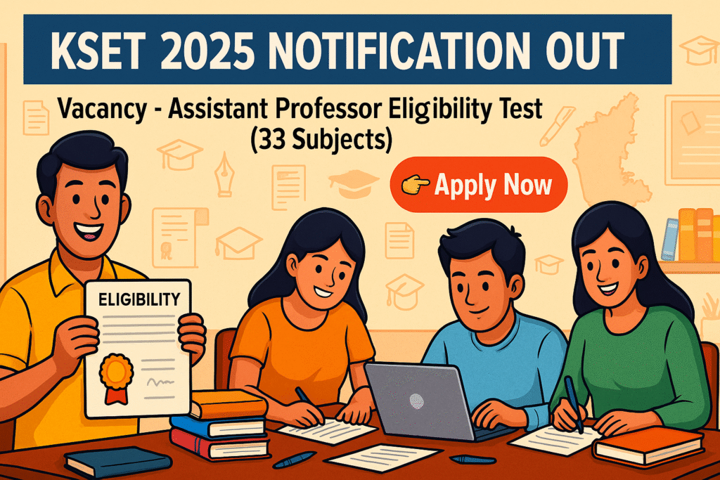 Cartoon illustration of students preparing for exams with books and laptops – KSET 2025 Notification Apply Online