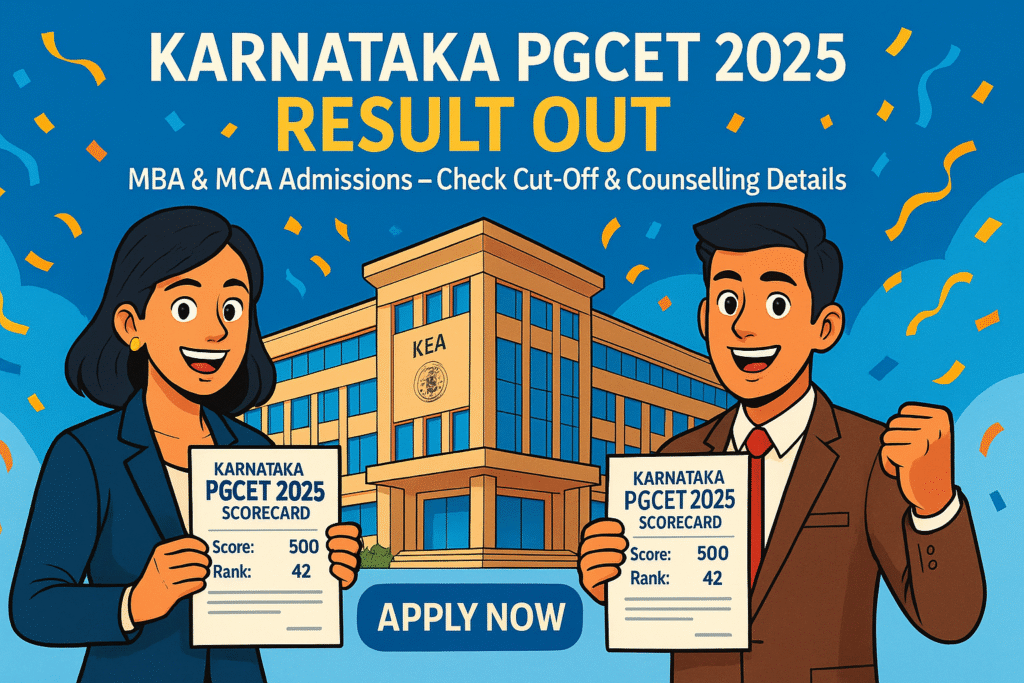 Cartoon-style illustration of successful candidates celebrating Karnataka PGCET 2025 Result with scorecards in front of KEA building.