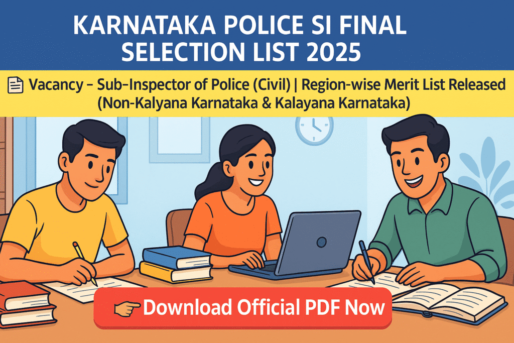Cartoon-style illustration of students preparing for exams with banner text showing Karnataka Police SI Final Selection List 2025 and PDF download button.