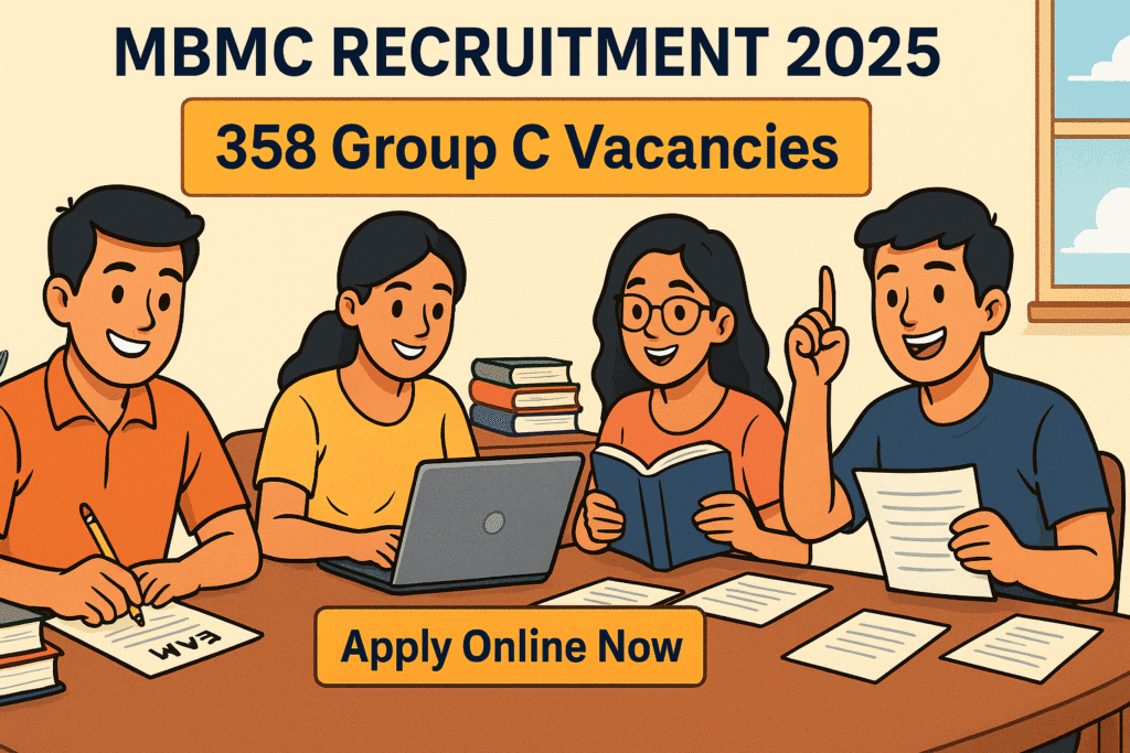 Cartoon-style illustration of Indian students preparing for exams with banner text MBMC Recruitment 2025 and Apply Online details.