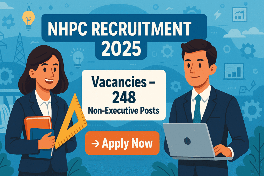 NHPC Recruitment 2025 – Cartoon-style banner showing 248 Non-Executive vacancies with Apply Now highlight