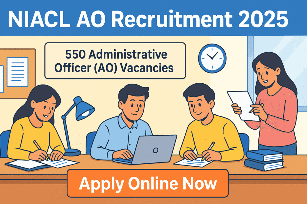 Cartoon-style illustration for NIACL AO Recruitment 2025 showing aspirants studying with books, laptops, and notice boards highlighting 550 Administrative Officer vacancies.