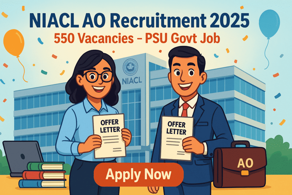 Cartoon illustration of NIACL AO Recruitment 2025 showing selected male and female candidates in front of NIACL building with offer letters, briefcase, books, and confetti.