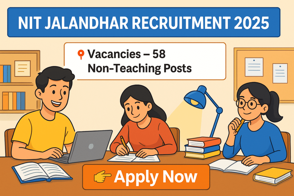 HD cartoon-style banner for NIT Jalandhar Recruitment 2025 highlighting 58 Non-Teaching vacancies and Apply Now button.