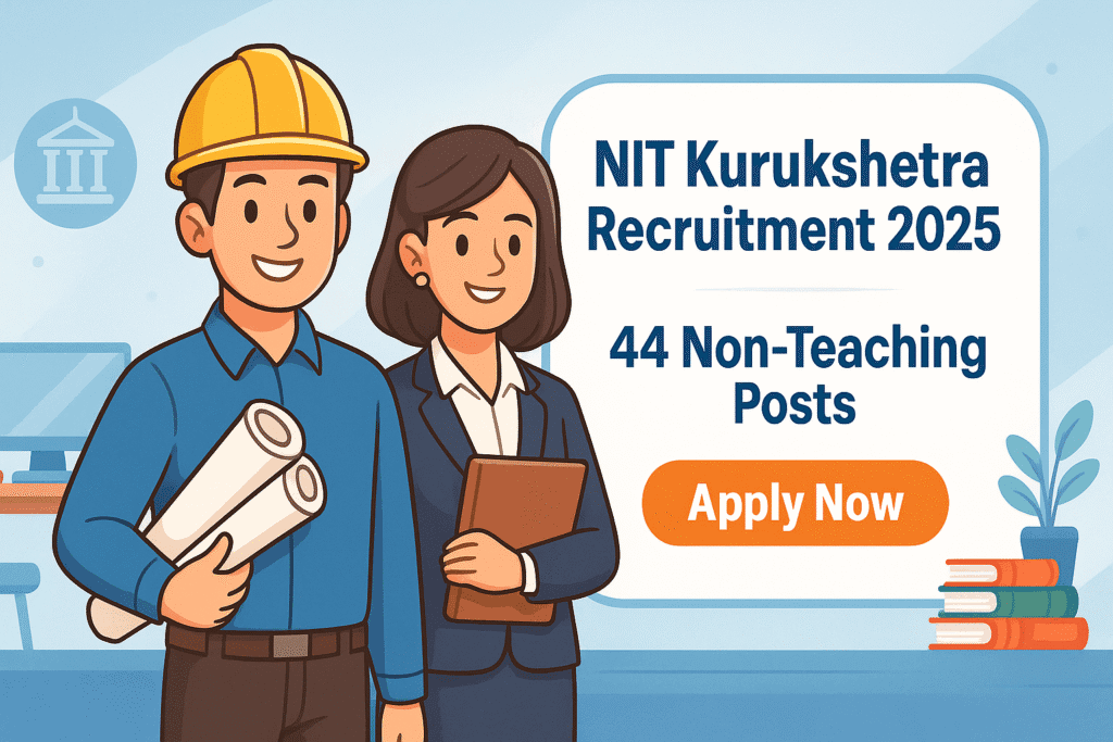 Cartoon-style illustration of NIT Kurukshetra Recruitment 2025 banner showing male engineer with blueprint and female administrative officer with file, with job details for 44 non-teaching posts and an Apply Now button.