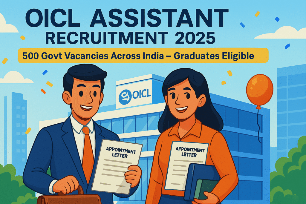 Two cartoon-style Indian candidates holding offer letters in front of OICL building, promoting OICL Assistant Recruitment 2025