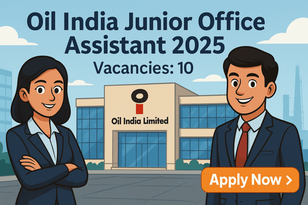 Cartoon-style illustration for Oil India Junior Office Assistant 2025 recruitment – Vacancies: 10 – Apply Now