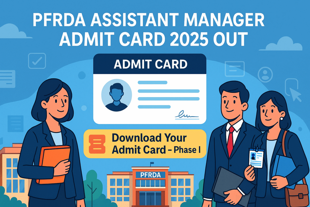 Cartoon-style featured image for PFRDA Assistant Manager Admit Card 2025 showing aspirants, admit card graphic, and PFRDA headquarters.