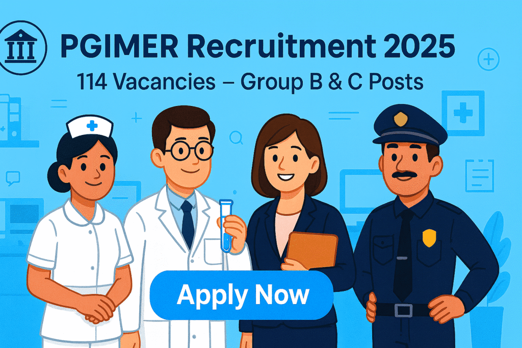 Cartoon-style illustration for PGIMER Recruitment 2025 showing various job roles with “Apply Now” button and professional workplace theme.