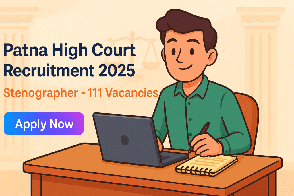 Cartoon-style banner for Patna High Court Recruitment 2025 showing candidate with laptop and Apply Now button