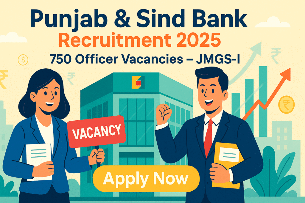 Punjab & Sind Bank Recruitment 2025 illustration showing young professionals in front of bank building with banners highlighting 750 Officer Vacancies JMGS-I