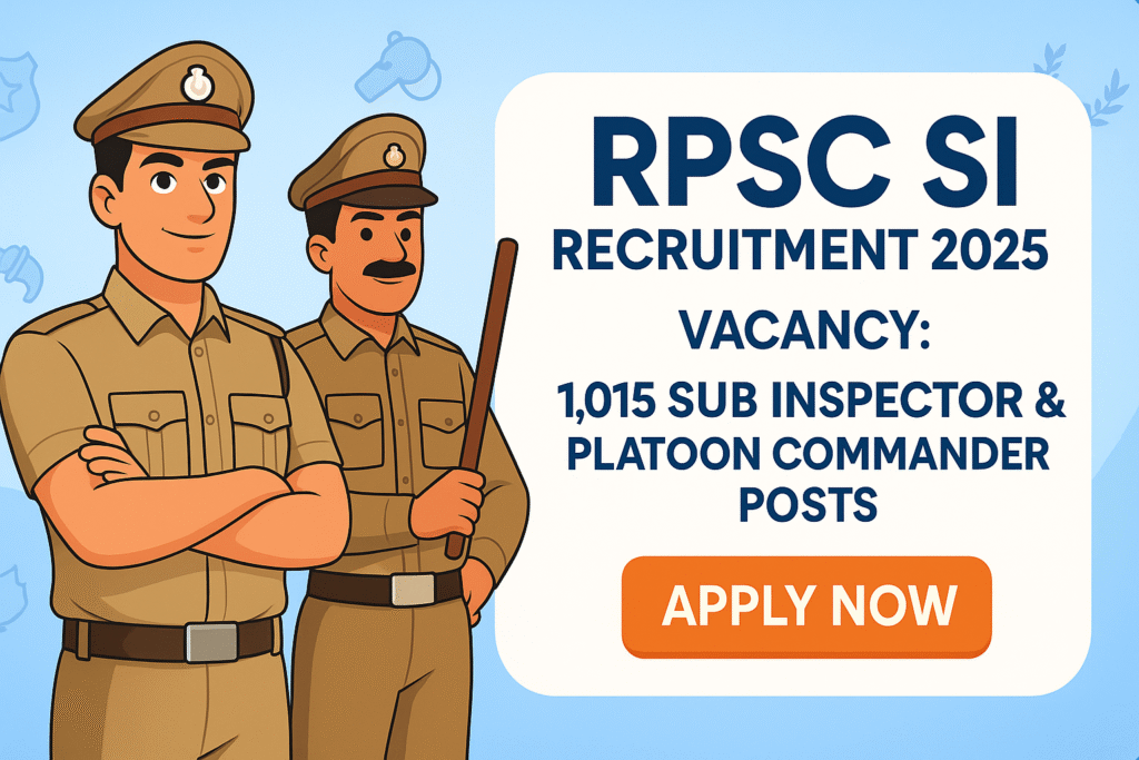 Cartoon-style banner for RPSC SI Recruitment 2025 showing Sub Inspector and Platoon Commander with job details.
