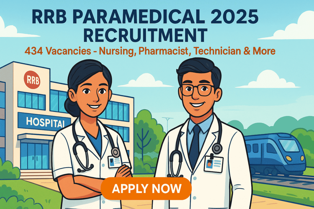 RRB Paramedical 2025 recruitment cartoon-style illustration with Indian healthcare professionals in front of Indian Railways hospital
