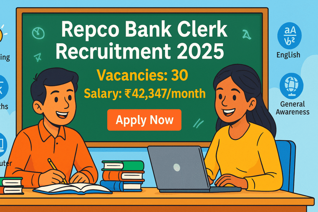 Cartoon illustration of aspirants preparing for Repco Bank Clerk Recruitment 2025 with books, laptop, and exam icons.
