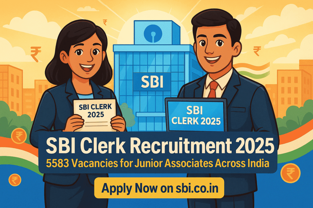 Cartoon-style illustration of two young candidates standing in front of an SBI building for SBI Clerk Recruitment 2025.
