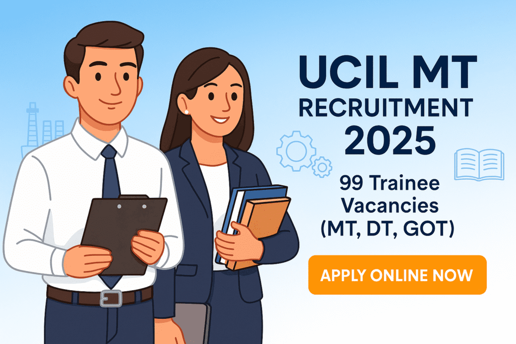 Cartoon-style banner for UCIL MT Recruitment 2025 showing aspirants with books and laptop, highlighting 99 trainee vacancies and Apply Online Now.