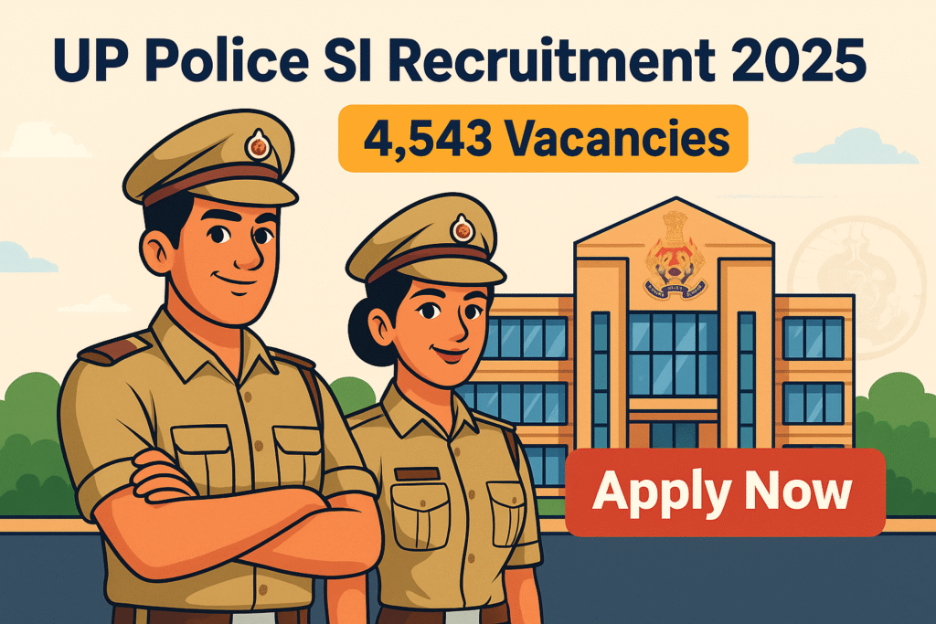 HD cartoon illustration for UP Police SI Recruitment 2025 showing male and female officers with 4,543 vacancies and Apply Now call-to-action.