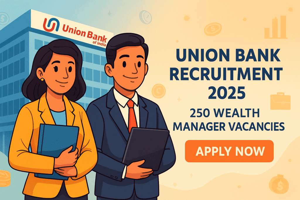 Cartoon-style illustration of aspirants with Union Bank building promoting Union Bank Recruitment 2025 – 250 Wealth Manager Vacancies.