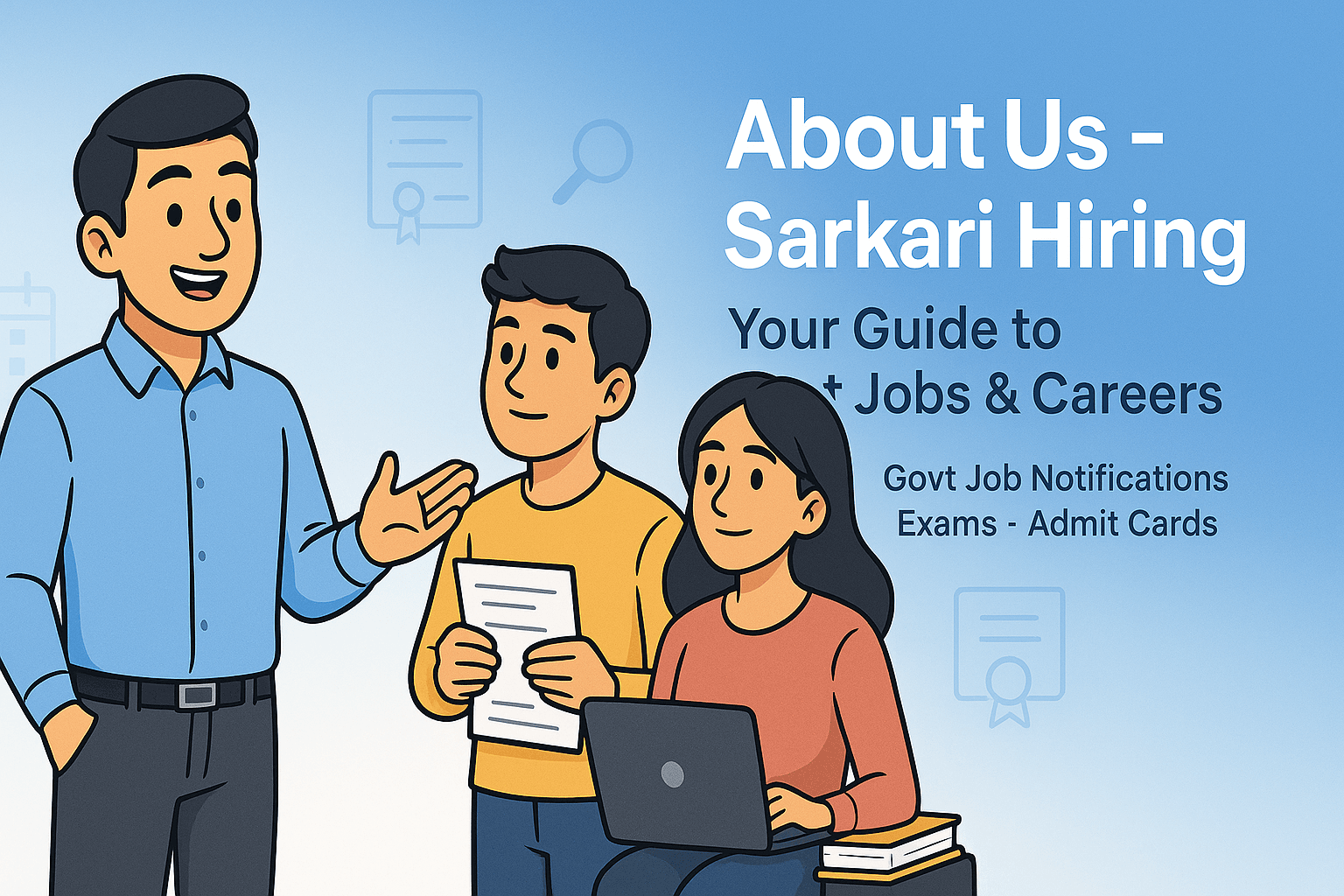 About Us banner of Sarkari Hiring showing cartoon-style founder guiding aspirants with books and laptop, symbolizing govt job notifications, exams, admit cards, and results.