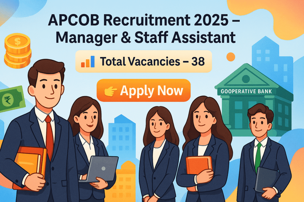 Cartoon-style banner for APCOB Recruitment 2025 showing Manager & Staff Assistant with 38 vacancies and Apply Now button.