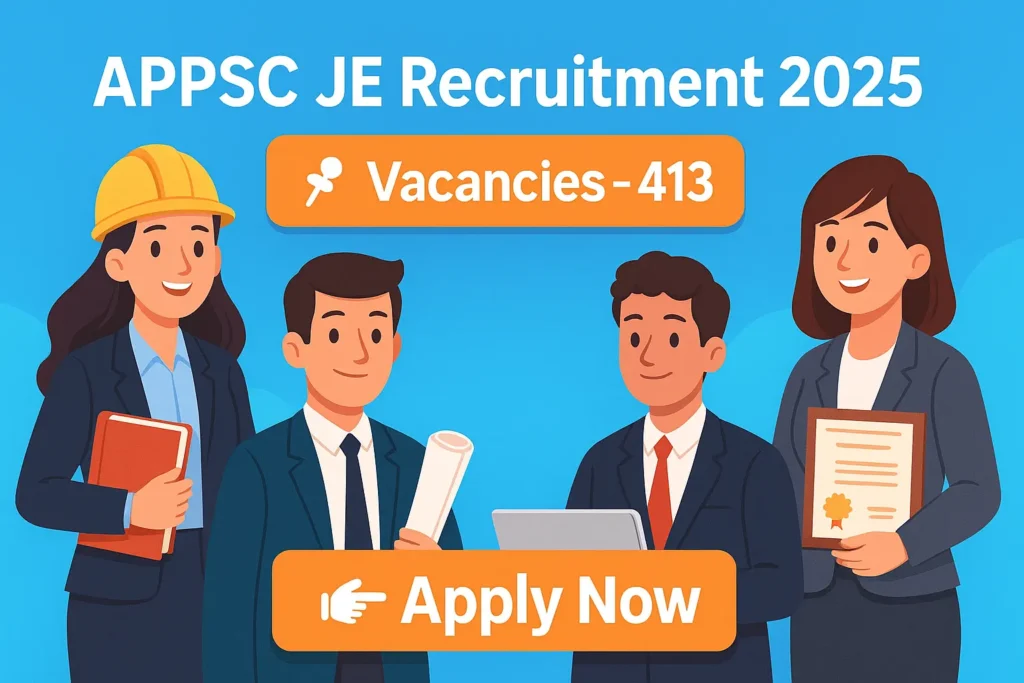Cartoon-style banner for APPSC JE Recruitment 2025 highlighting 413 vacancies and Apply Now button.