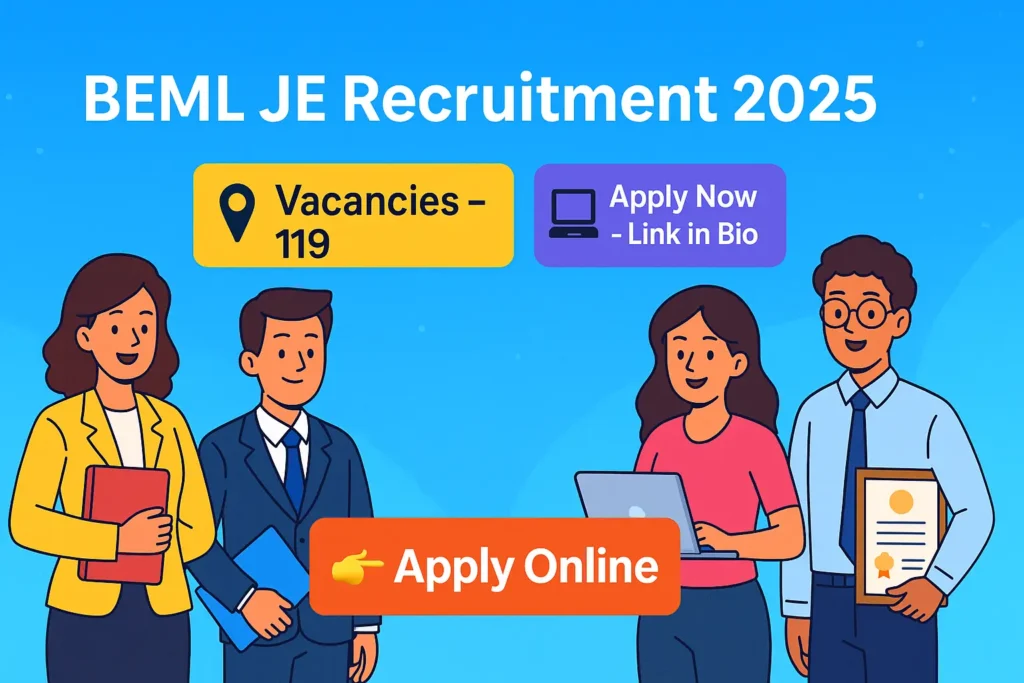 Bright cartoon-style banner for BEML JE Recruitment 2025 highlighting 119 vacancies and apply online option.