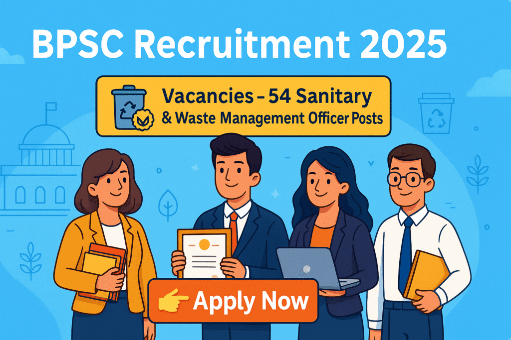 BPSC Recruitment 2025 banner β 54 Sanitary & Waste Management Officer vacancies with Apply Now button in cartoon style