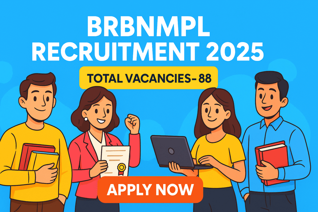 Cartoon-style banner for BRBNMPL Recruitment 2025 showing total 88 vacancies and Apply Now button.