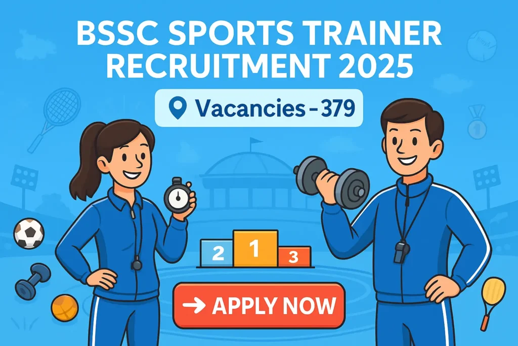 Cartoon-style banner for BSSC Sports Trainer Recruitment 2025 highlighting 379 vacancies and Apply Now button with sports icons.