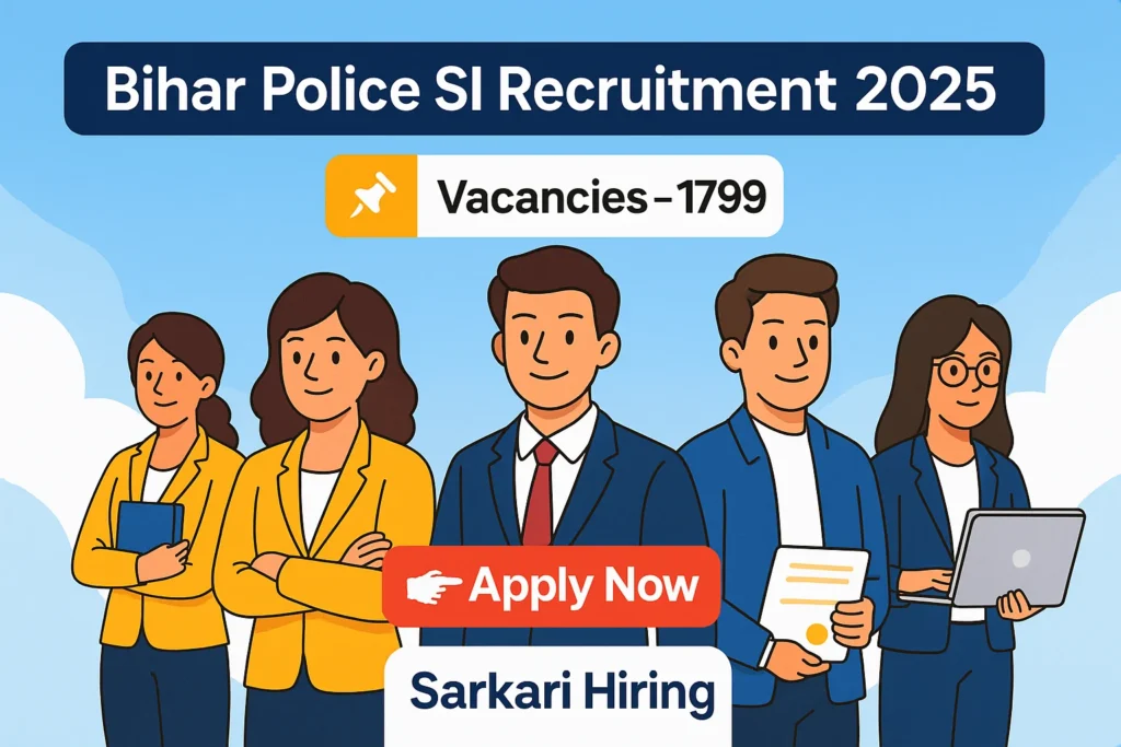 Bihar Police SI Recruitment 2025 banner with 1799 vacancies and apply now button in cartoon-style design.