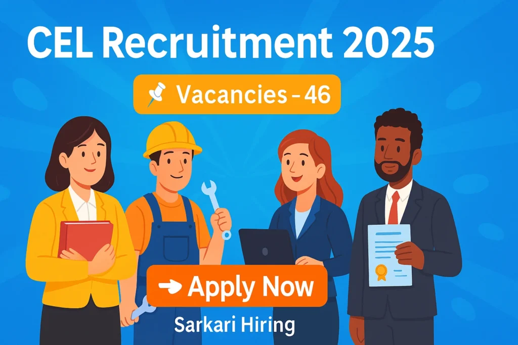 CEL Recruitment 2025 cartoon-style banner showing Apply Now button and 46 vacancies