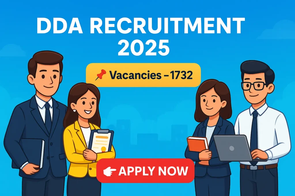Cartoon-style banner for DDA Recruitment 2025 with 1732 vacancies and Apply Now button