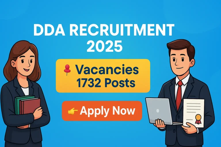Cartoon-style banner for DDA Recruitment 2025 showing 1732 vacancies and Apply Now button with male and female aspirants