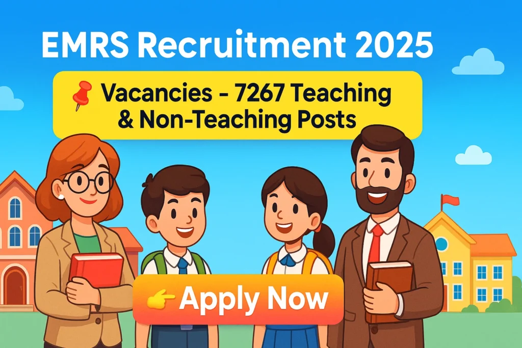 EMRS Recruitment 2025 banner showing 7267 teaching and non-teaching vacancies with Apply Now button in cartoon style.