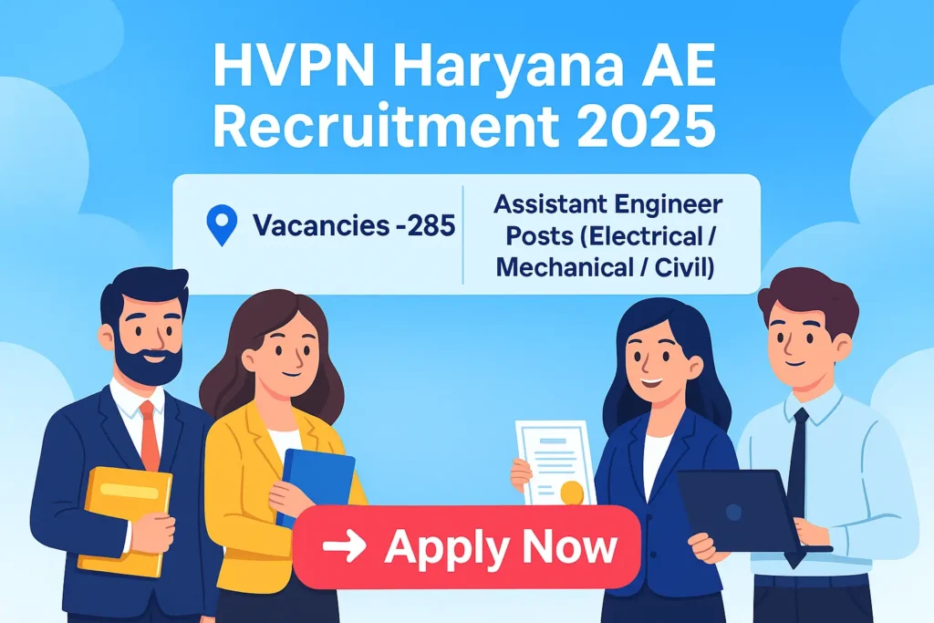 Cartoon-style banner showing HVPN Haryana AE Recruitment 2025 with 285 vacancies for Assistant Engineer posts and Apply Now button.