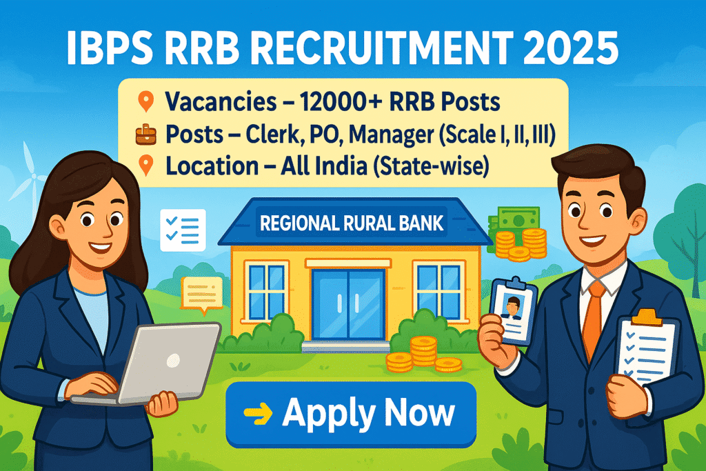 Cartoon-style banner for IBPS RRB Recruitment 2025 showing aspirants outside a Regional Rural Bank