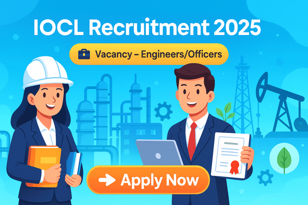 Cartoon-style banner for IOCL Recruitment 2025 showing Engineers/Officers vacancy and Apply Now button.