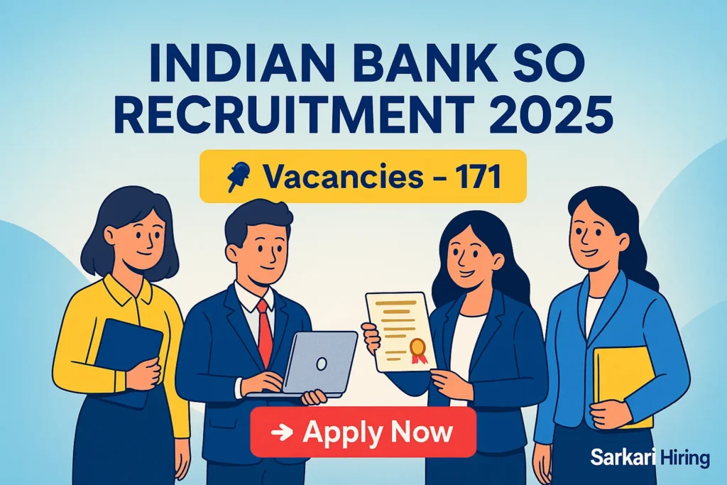 Cartoon-style banner for Indian Bank SO Recruitment 2025 showing 171 vacancies with Apply Now button and aspirants in formal attire.