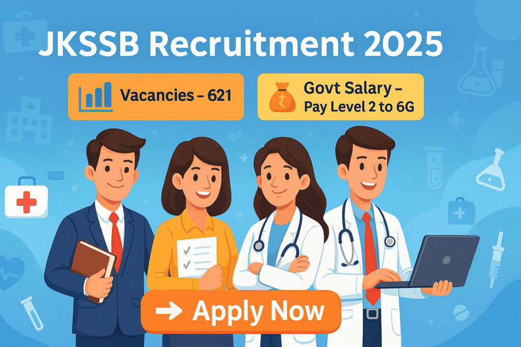 Cartoon-style banner for JKSSB Recruitment 2025 – 621 Govt Vacancies with Apply Now button