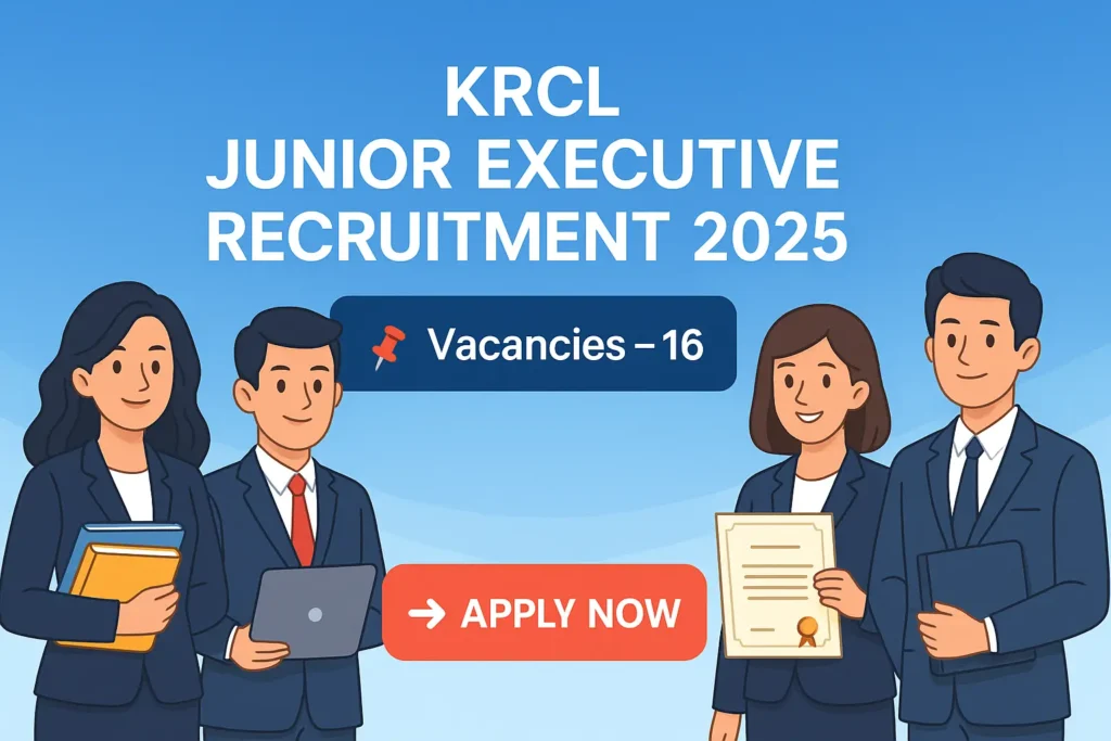 Cartoon-style banner for KRCL Junior Executive Recruitment 2025 highlighting 16 vacancies with Apply Now button.
