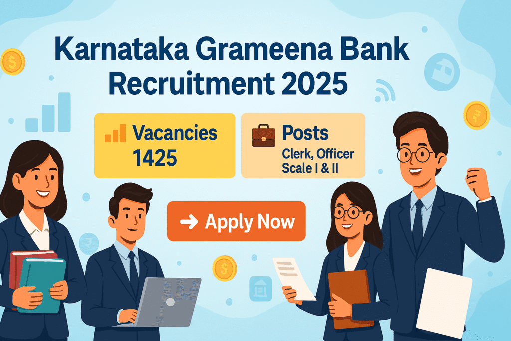 Karnataka Grameena Bank Recruitment 2025 banner with 1425 vacancies and Clerk, Officer Scale I & II posts, Apply Now button in cartoon style.