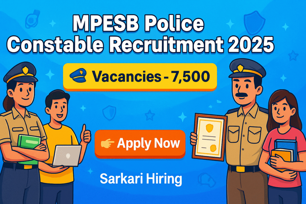 Cartoon-style banner for MPESB Police Constable Recruitment 2025 showing vacancies, apply now button, and Sarkari Hiring branding.
