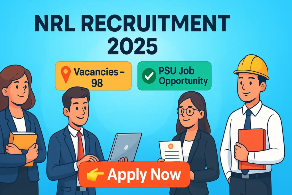 NRL Recruitment 2025 – Cartoon style banner with 98 vacancies and PSU job opportunity apply now button