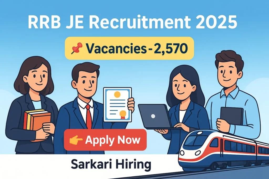 RRB JE Recruitment 2025 banner with cartoon-style train, aspirants and Apply Now button