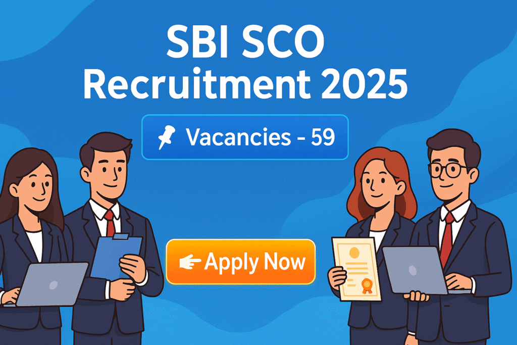 SBI SCO Recruitment 2025 cartoon style banner with 59 vacancies and Apply Now button