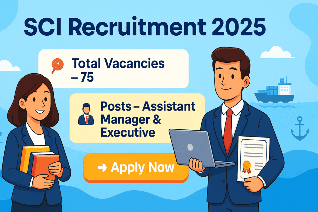 Cartoon-style banner for SCI Recruitment 2025 showing 75 vacancies for Assistant Manager & Executive with Apply Now button.