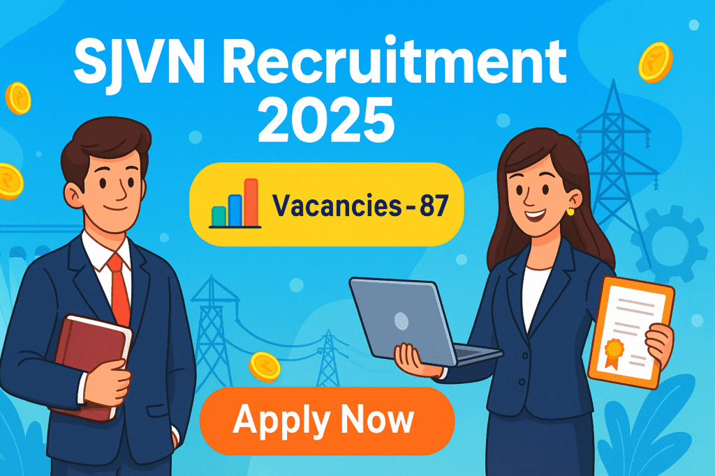 Cartoon-style banner for SJVN Recruitment 2025 with 87 vacancies and Apply Now button